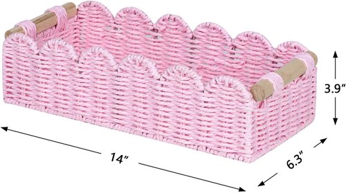 CubesLand Scalloped Edge Gift Basket - Pink Woven Storage Basket with Wooden Handles | Small Decor for Living Room & Bedroom