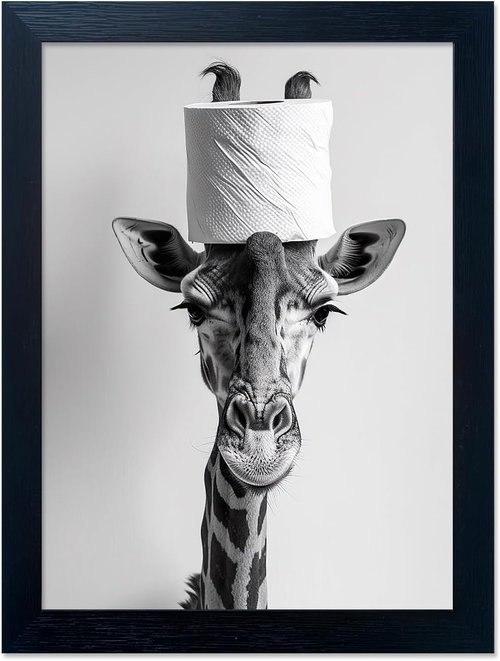 Funny Animal Wall Art - Giraffe with Toilet Paper Roll | Black and White Framed Canvas Decor