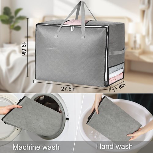 4 Pack Comforter Storage Bags by [Brand Name] - Extra Large Foldable Bedding Organizers with 4 Handles & 3 Clear Windows | Grey