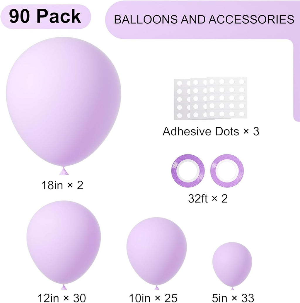 Voircoloria Pastel Purple Balloon Garland Kit - 90 Pack in 5/10/12/18 Inch Sizes for Weddings, Graduations & Parties