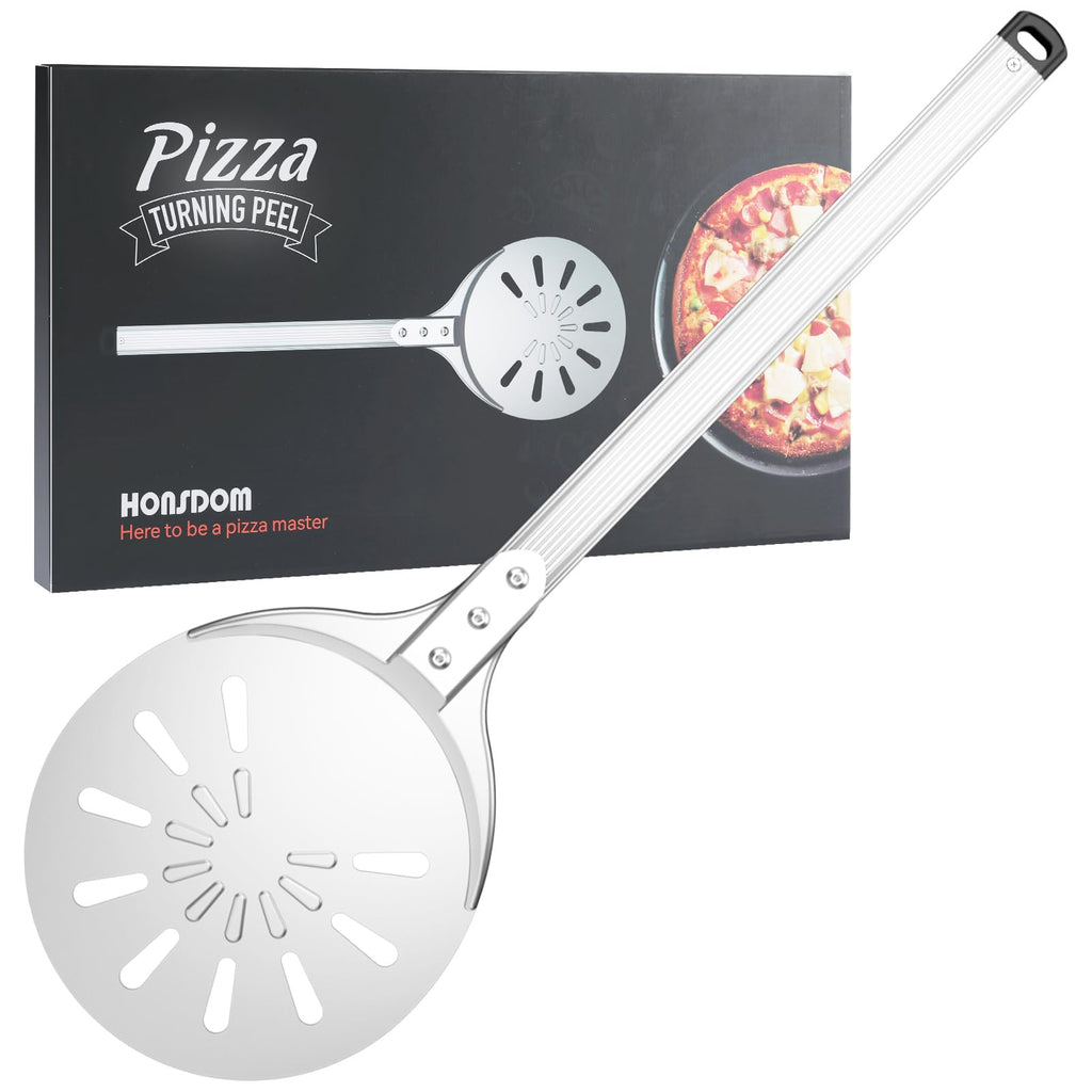 Pizza Turning Peel, 8-inch Pizza Peel Turner Spinner, Long Handle Perforated Aluminum Pizza Peel with Silicone Hook, Pizza Oven Accessories