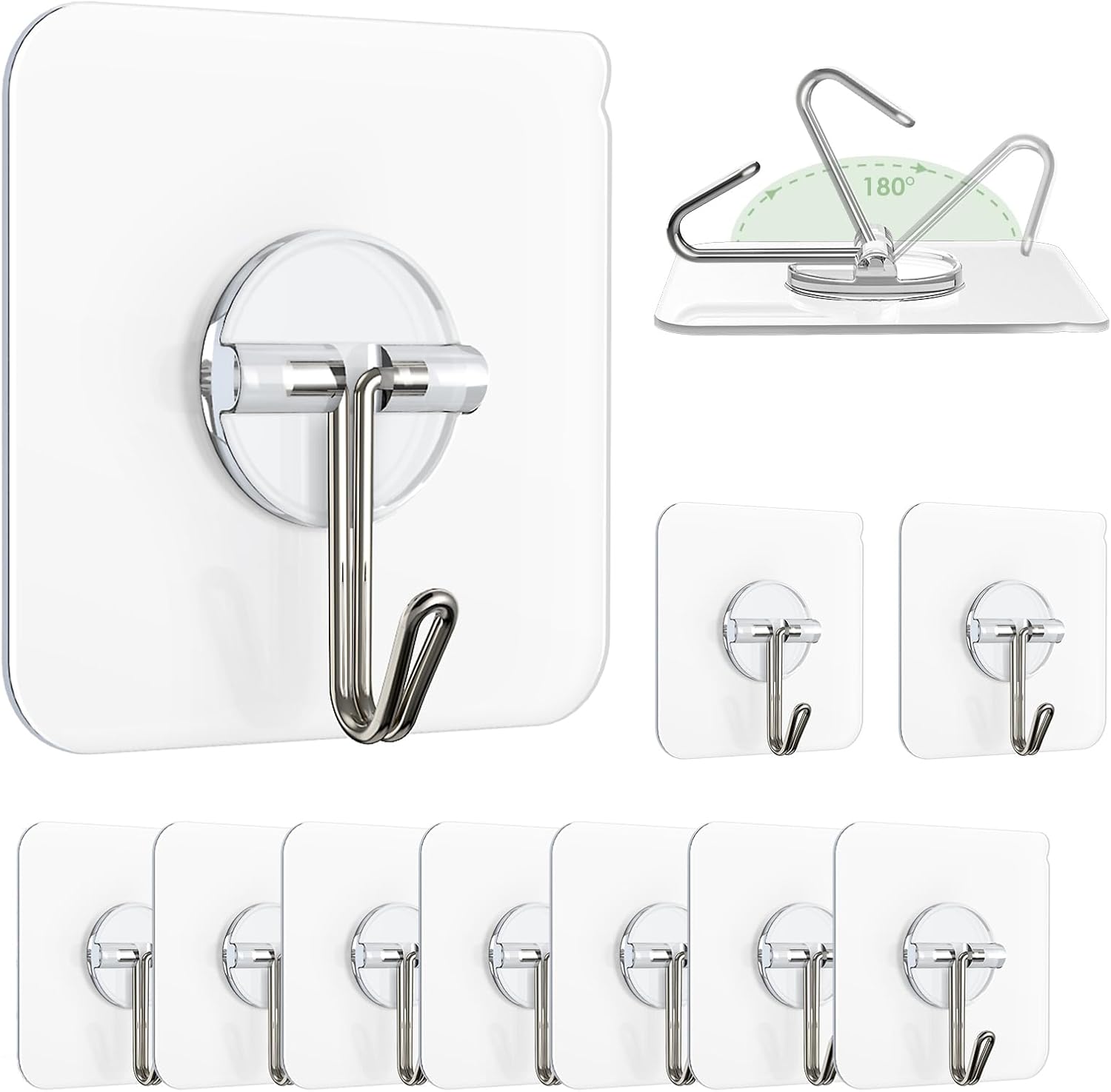 Skiennix Wall Hooks - Clear Removable Stainless Steel Adhesive Hooks | 10 Pack, 13 lb Capacity for Shower & Kitchen