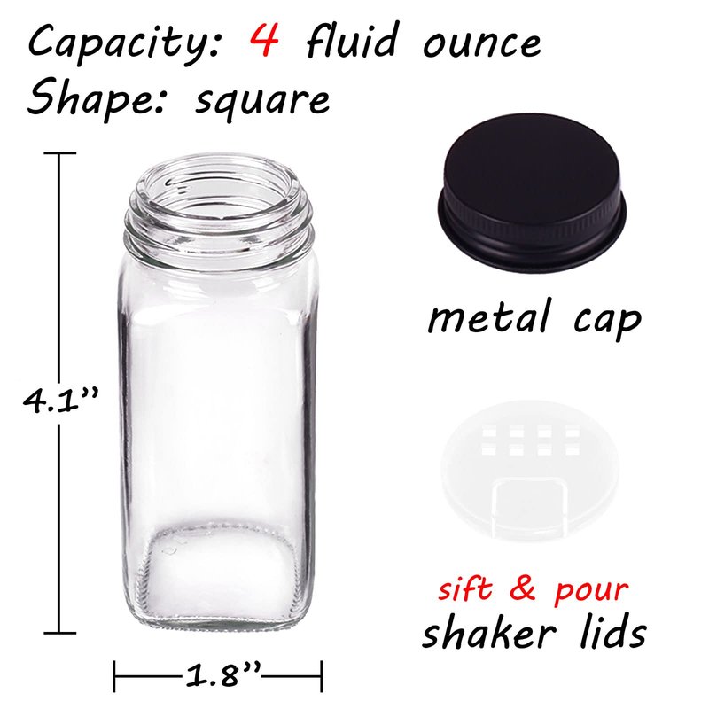 Churboro 36 Spice Jars with 547 Labels- Glass Spice Jars with Black Metal Caps, 4oz Empty Spice Containers with Shaker Lids, Funnel, Chalk Pen, Square Seasoning Bottles for Spice Rack, Drawer, Cabinet