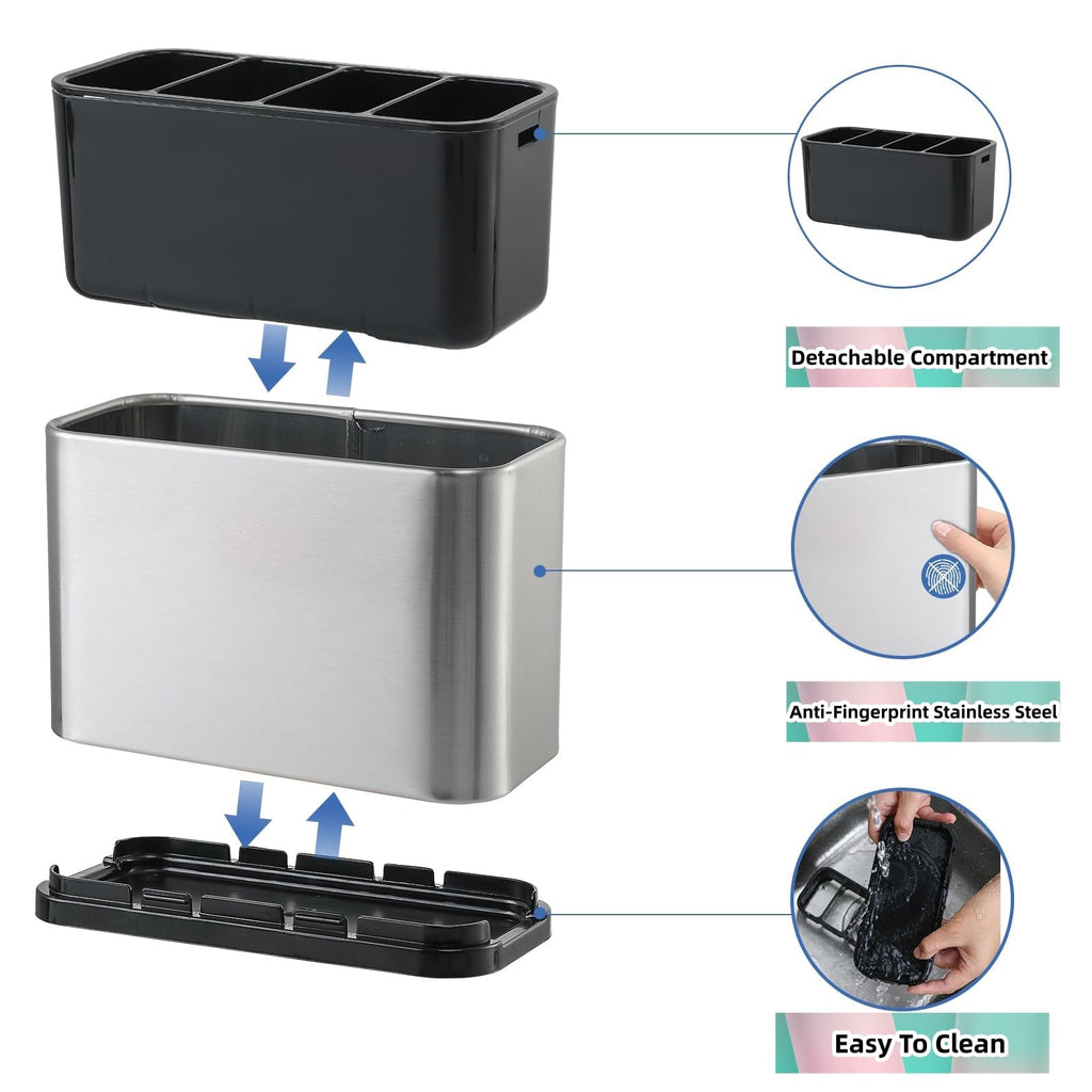 LIBODOUR Utensil Holder,Stainless Steel Caddy Counter,Spoon holder,4 Compartments Silverware Caddy,Capacity Flatware Spoon Fork Tool Cutlery Holder（Silvery）