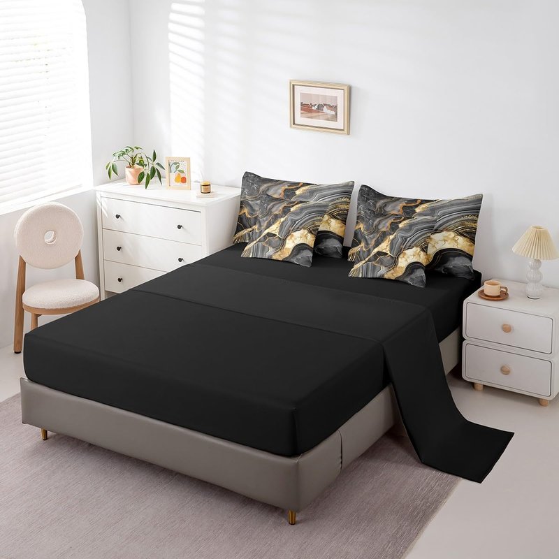 Erosebridal Black Marble 7 Pcs Comforter Set King, Gold Crack Bedding for Adults Men Women, Abstract Metallic Texture Sheet Set Bed in A Bag, Boho Hippie Fluid Reversible Black Duvet Insert