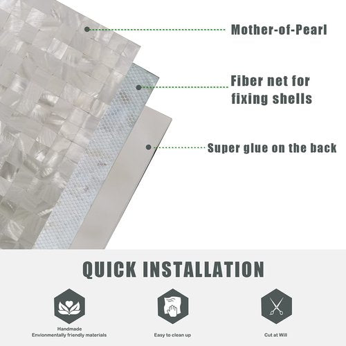 Mother of Pearl Peel and Stick Backsplash MOP Shell Mosaic Subway Tile, for Living Room Background Wall and Kitchen 12In x 12In White (6Pack)
