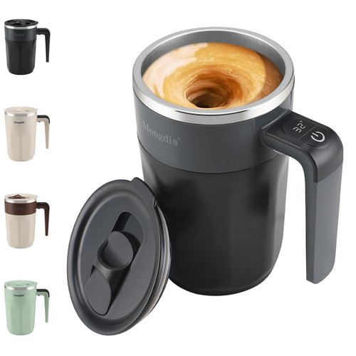 Mongdio Self Stirring Coffee Mug with Fahrenhite Temperature Display, Rechargeable Stirring Mug, Automatic Self Stirring Cup with Lid, For Coffee, Milk and Other Beverages, Black