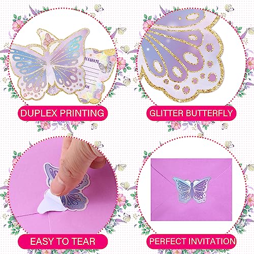 24-Pack Butterfly Birthday Party Invitations with Envelopes and Stickers