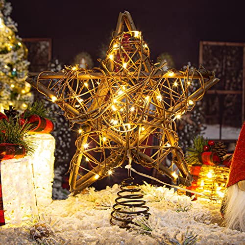 Natural Rattan Star Christmas Tree Topper with 50 Warm LED Lights
