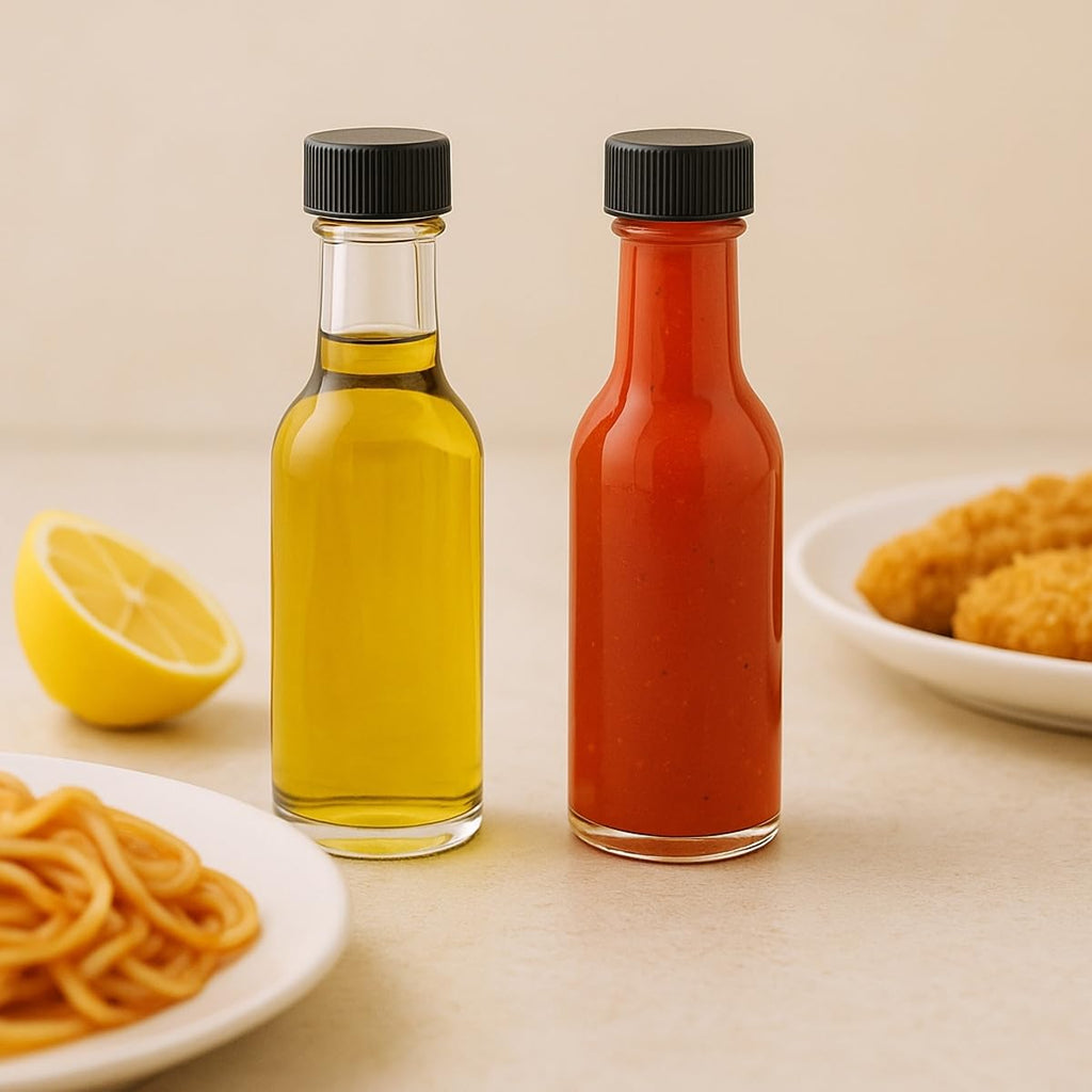 WERTIOO Hot Sauce Bottles 21-Pack 5oz Round Small Glass Bottles with Caps & Funnel - Reusable Mini Sauce Containers for Chili Oil, Vinegar, Gift Favors - Leakproof & Label-Ready