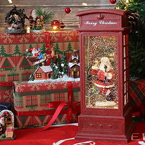 Lighted Red Phone Booth Christmas Snow Globe Lantern with Timer