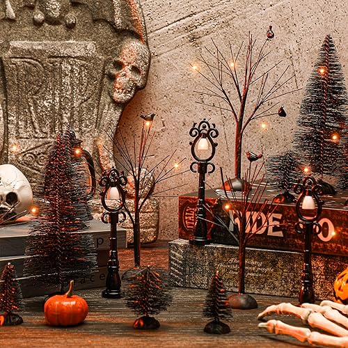 17-Piece Halloween Village Accessory Set with LED String Lights & Trees