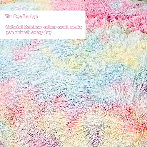 Rainbow Tie-Dye Faux Fur Twin Comforter Set, 3-Piece Fluffy Bedding