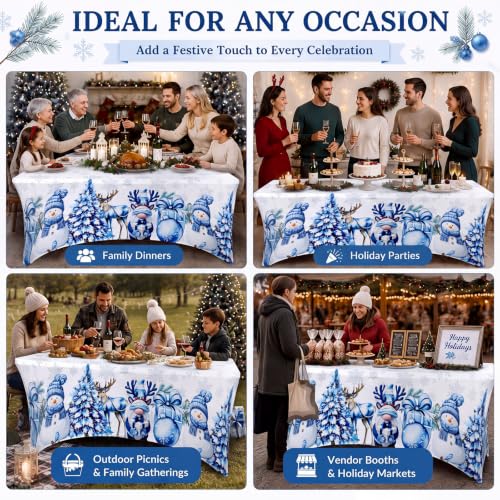 Moukeren 2-Pack Christmas Spandex Tablecloth 6ft Rectangular Blue Snowman (Blue Snowman / Blue White)