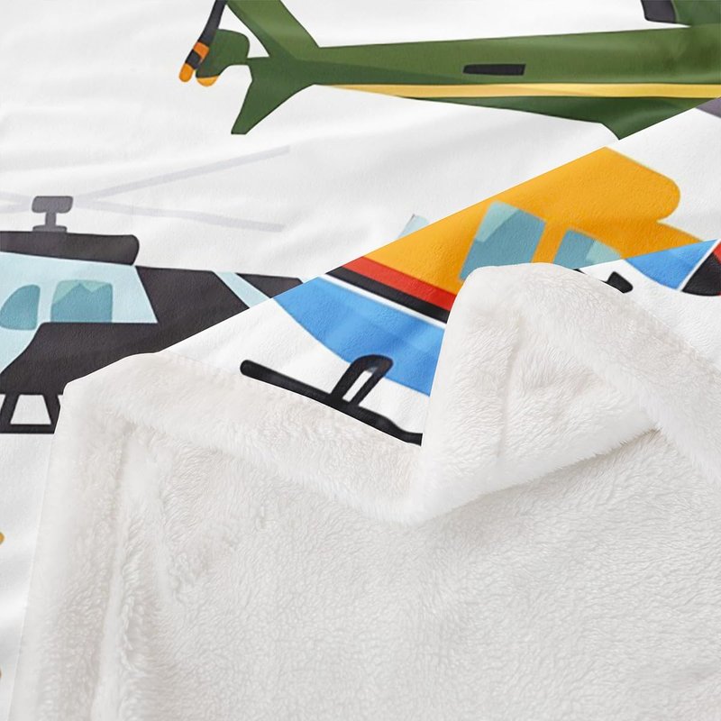 Airplane Sherpa Blanket Throw 50"x60" Aircraft Helicopter Blanket Throw For Kids Boys Teens Young Man Cartoon Airplanes Fleece Blanket Aviation Theme Fuzzy Blanket Bedroom Sofa Decor White