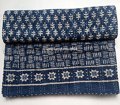 Handmade Indigo Print Cotton Kantha Quilt - Twin/King/Queen