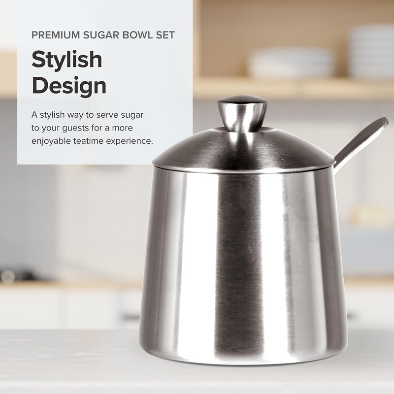 Frieling USA 18/10 Brushed Stainless Steel Sugar Bowl with Lid & Spoon - 10 oz Sugar Container & Dispenser with Pour Spout - Countertop Jar with Spoon Holder for Cubes, Packets & Condiments