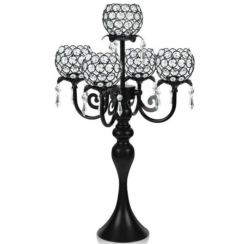 Kehail 22.5" Black Metal & Crystal Tea Light Candle Holder - Wedding, Party Centerpiece for Events, Decorative Chandelier (1, Black)
