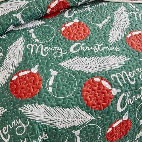 UOZZI Bedding King Size Reversible Christmas Quilt Set Green Red Feathers Plaid 101x88