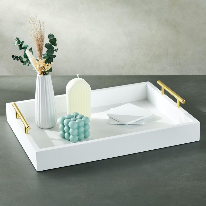 Juvale Ottoman Tray with Coasters & Interchangeable Gold & Silver Handles - 15.7" x 11.8" x 3.1" - White Rustic Wood Rectangular - Coffee Table Tray for Serving & Decorative Accents