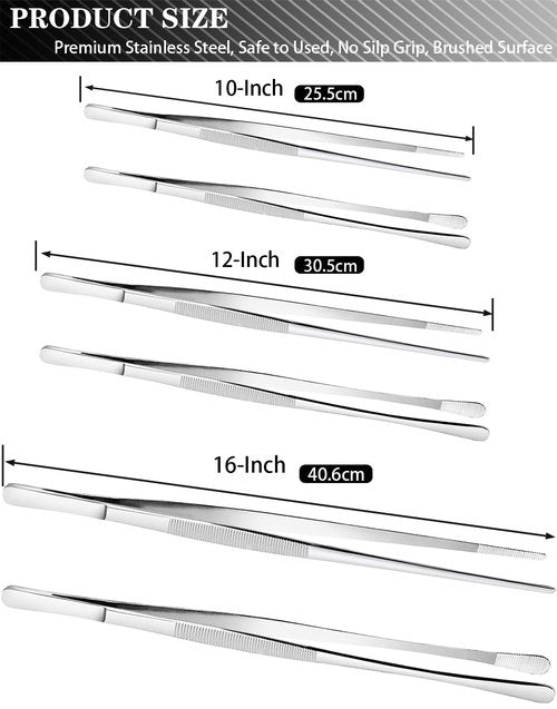 JETKONG 2 Pcs 12-Inch Cooking Tweezers Stainless Steel, Straight Food Tweezers, Professional Kitchen Tweezer/Forceps for Cooking Repairing and BBQ (12-Inch, Silver)