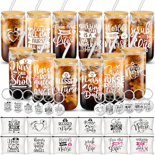 Classic Funnymoom Nursing Gift Set 36 Pcs — 12 Glass Cups, 12 Makeup Bags, 12 Keychains