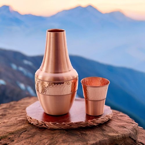 Pure Copper Water Carafe with Tumbler – 1.4L (47.3 oz) Bedside Copper Flask for Drinking Water, Ayurveda Health Benefits