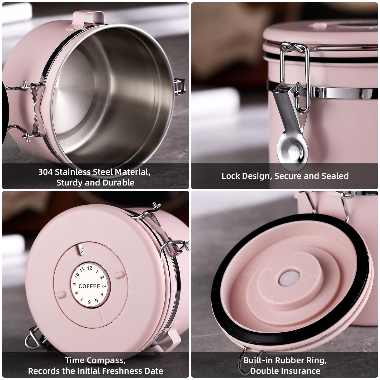 Bincoo Pink Coffee Canister, Large Stainless Steel Coffee Bean Storage Container with Date Tracker (800ML)