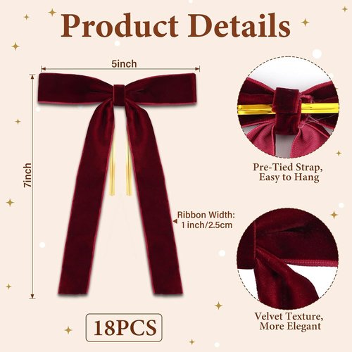 Burgundy Velvet Bows by 18 Pcs | Elegant Christmas Tree Decorations - 5" x 7", 1" Wide