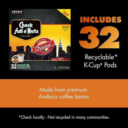 Chock Full o' Nuts Keurig K-Cup Pods - Premium Arabica Medium Roast - Single Serve, 32 Count