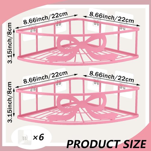 Coquette Pink Bow Corner Shower Caddy - No Drilling, 5 Adhesive Hooks | Stylish Bathroom & Kitchen Storage