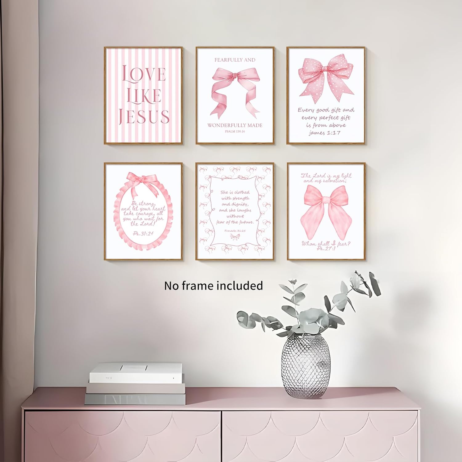 Skiennix 3-Piece Pink Bows Wall Art - Cute Bible Verse Decor for Girls' Rooms | 8x10 Inch Prints