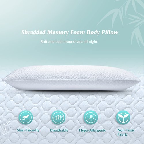 Rainmr Body Pillow Shredded Memory Foam & Cooling Double Case Cover Huggable Pillows 20x54 inches (White, 20x54in Body Pillow(Thicker Inner))