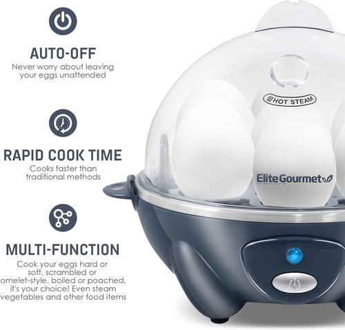 Elite Gourmet Electric Egg Cooker - 7 Egg Capacity for Soft, Medium, Hard-Boiled, Poached & Scrambled Eggs | BPA-Free with Auto Shut-Off