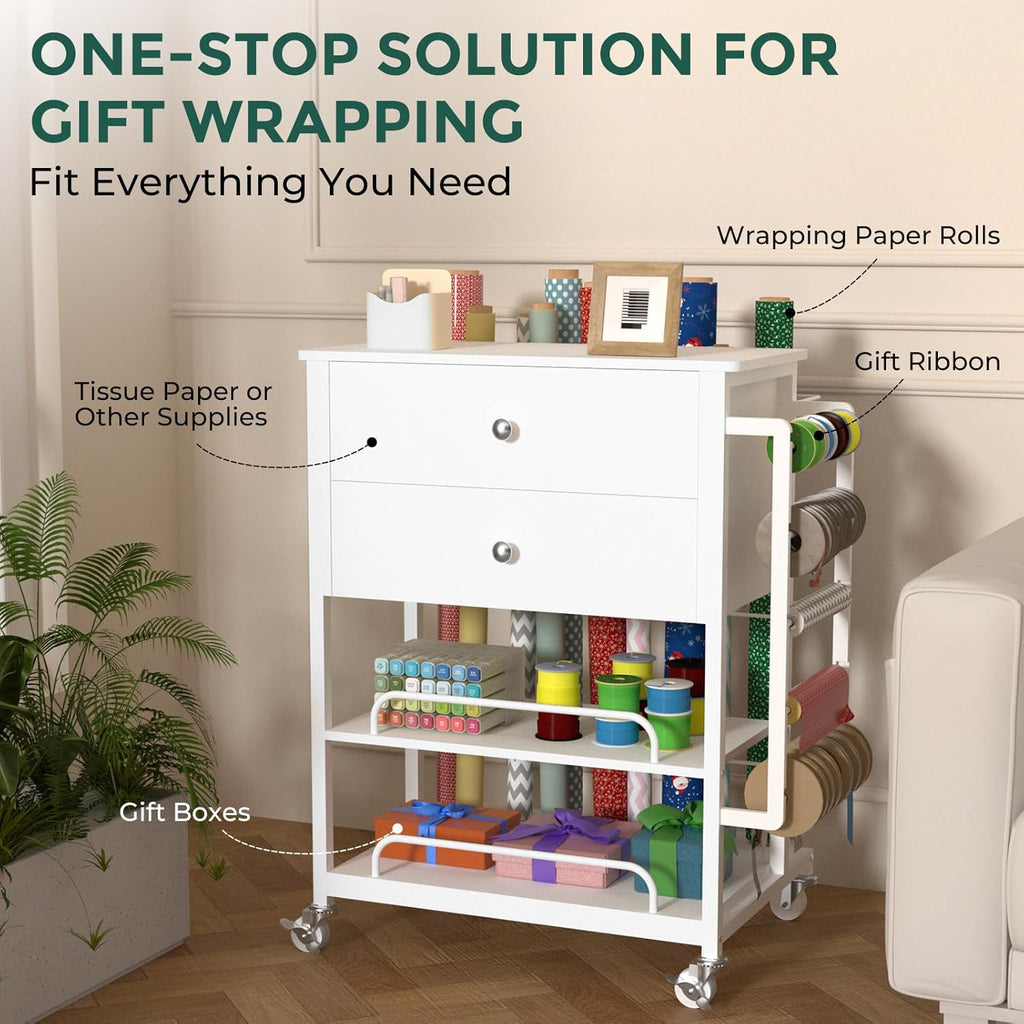 Skiennix Wrapping Paper Organizer - Stylish Craft Cart with Ribbon & Gift Bag Storage | White with 2 Drawers