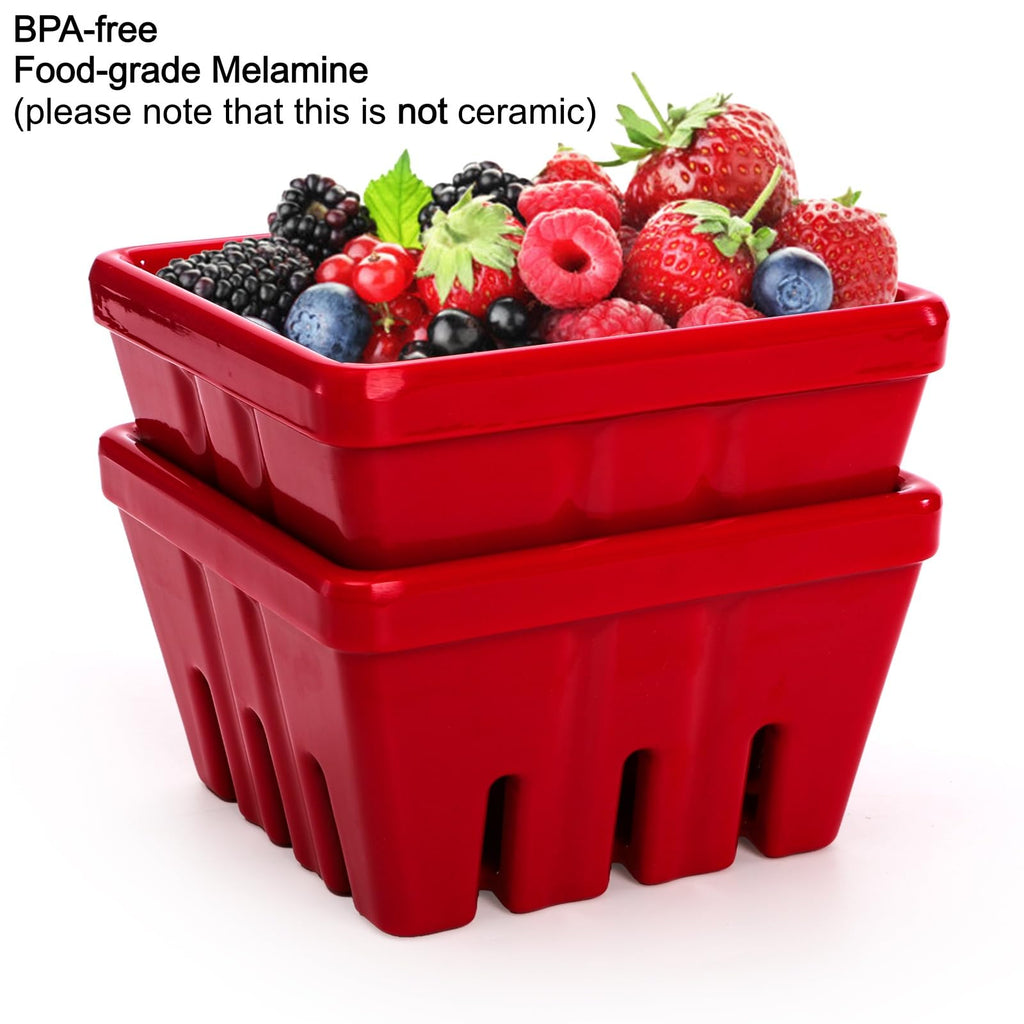 ZEAYEA Set of 2 Melamine Berry Basket, Berry Bowl With Holes for Fridge, Red Square Kitchen Fruit Basket for Christmas, Cute 5" Colander for Strawberry, Grape, Cherry, Berries, Veggies