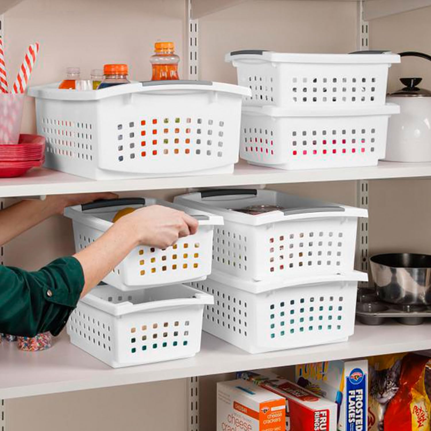 Sterilite Small Plastic Stacking Storage Baskets - Comfort Grip Handles | 8 Pack, White for Home Organization