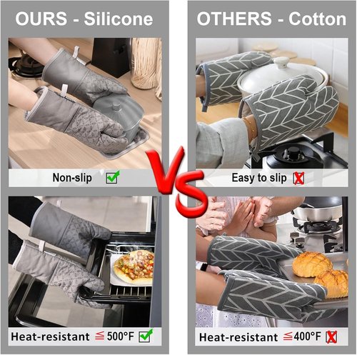 KEGOUU High Heat Resistant Oven Mitts - 6-Piece Set with Non-Slip Silicone | Extra Long, Grey