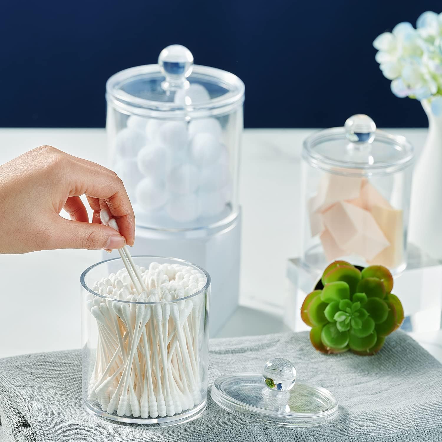 SheeChung Clear Acrylic Qtip Holder - Shatterproof Bathroom Organizer Canister for Cotton Swabs, Balls & Pads