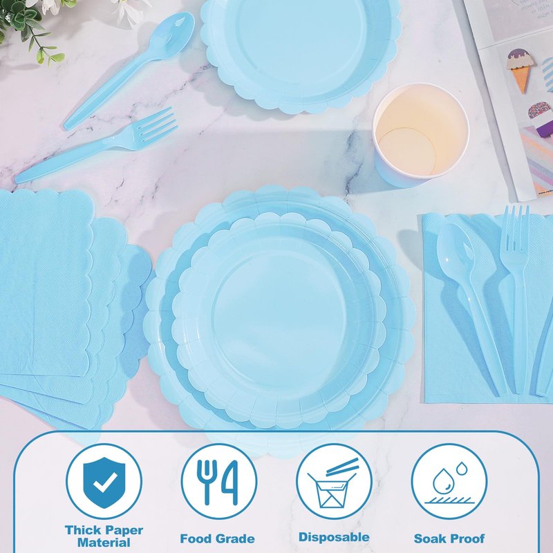 176 Pcs Light Blue Paper Plates and Napkins, Easter Plates Blue Party Supplies Include Light Blue paper plates Napkins Cup Plastic Tablecloth Spoon Fork Knives for Birthday Wedding Baby Shower