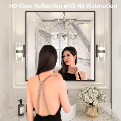 LOAAO Black Rectangle Bathroom Mirror - 36" x 36" Matte Aluminum Frame, Tempered Glass, Versatile Hanging Options