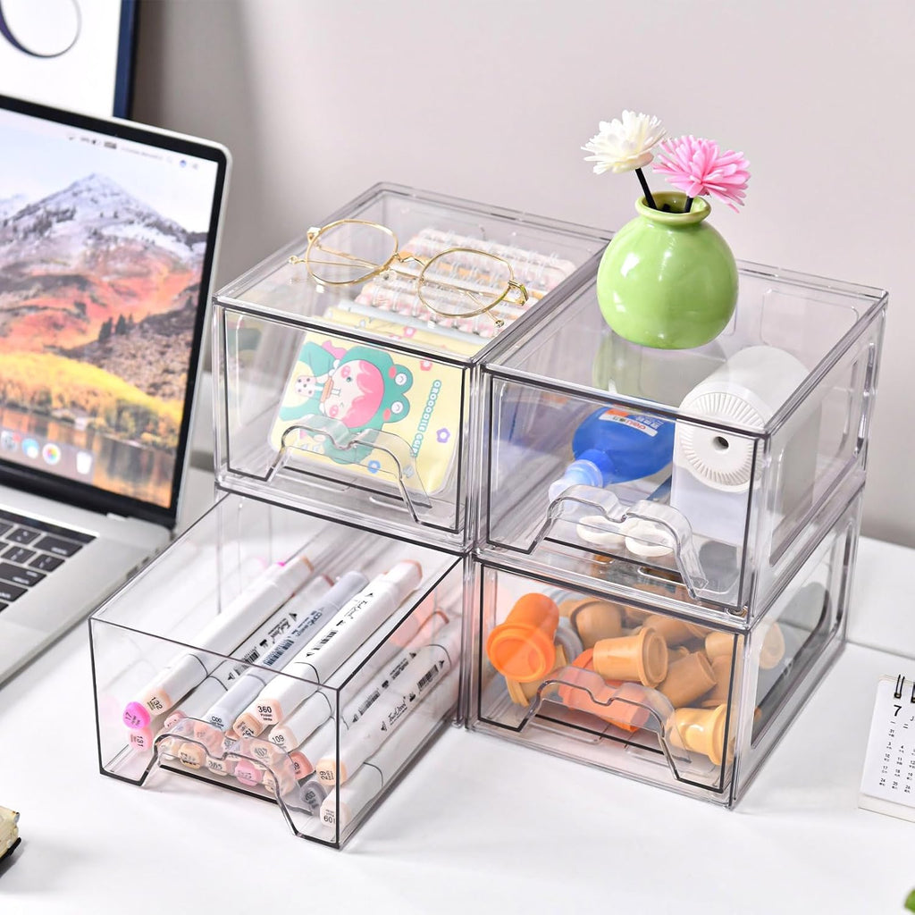 Stebopum Stackable Makeup Organizer - 6 Pack Clear Acrylic Storage Bins with Pull-Out Handle | 4.4'' Tall for Vanity, Kitchen, and More