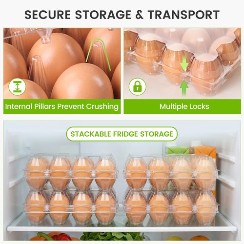 LOVEINUSA 100 PCS 12 Count Plastic Egg Cartons, with 105PCS Date Labels, Bulk Clear Reusable Egg Holder for Fresh Medium Eggs Storage, Suitable for Farms, Families, Markets Display