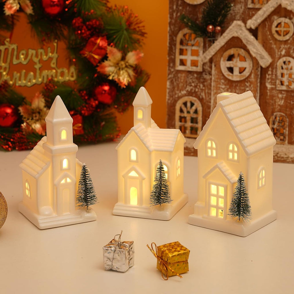 Regine Switzerland Light Up Christmas Houses - White Ceramic Decor with 3 Xmas Trees | Timed Village Set