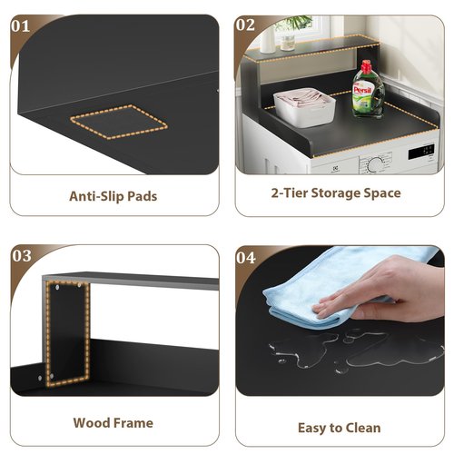 HOTLUU Washer Dryer Countertop with Shelf, 27.5" D x 27.5" W x 12.6" H, Sturdy Wood Frame, Countertop for Washer and Dryer, Non-Slip Pads & Edge Rails, Laundry Room Storage(Black)