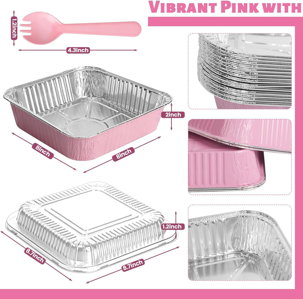 Pink Aluminum Baking Pans by [Brand Name] - 35 Pack 8x8 Inch Disposable Trays with Lids & Spoons for Parties