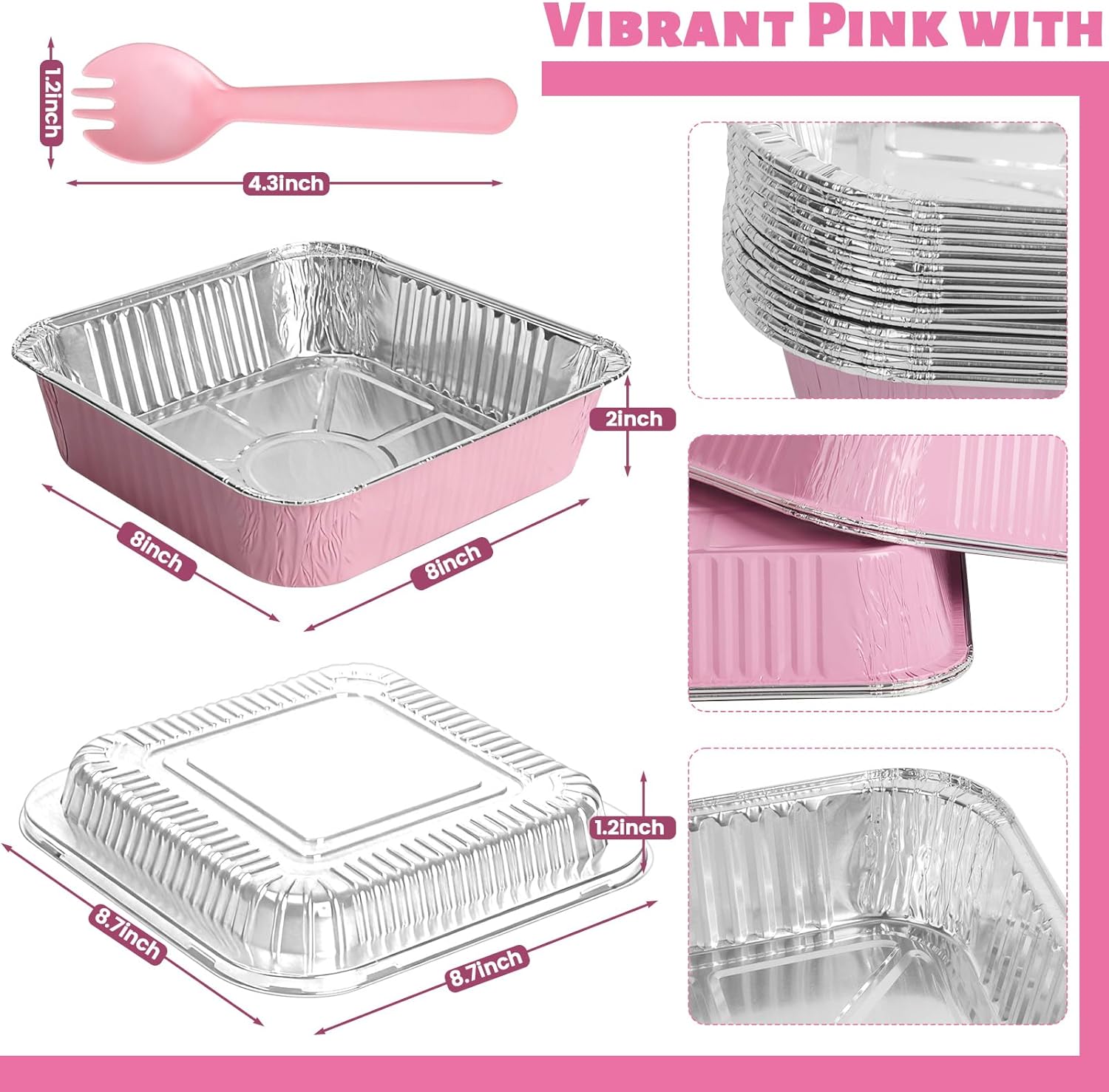 Pink Aluminum Baking Pans by [Brand Name] - 35 Pack 8x8 Inch Disposable Trays with Lids & Spoons for Parties