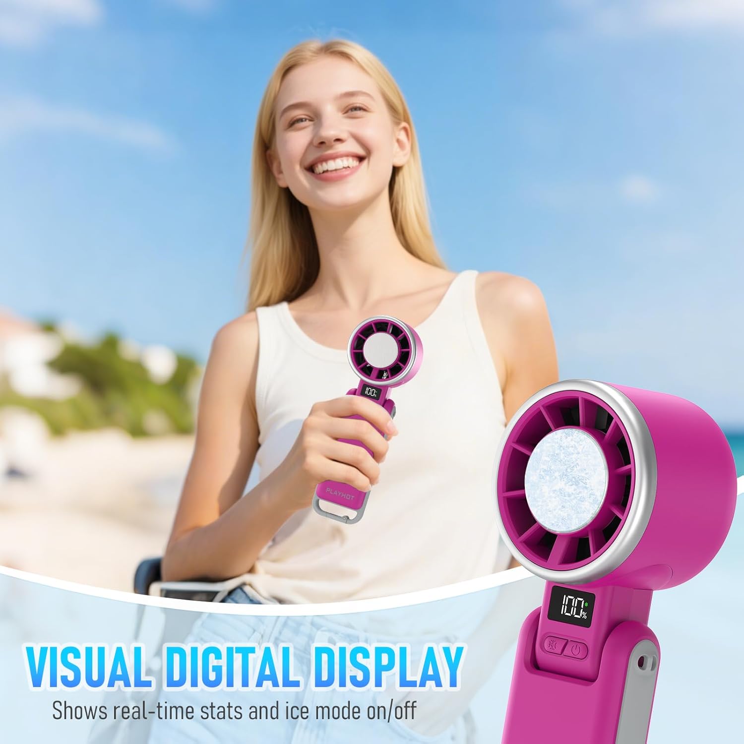 PlayHot Portable Handheld Turbo Fan - Ice Cooling Rechargeable Personal Fan | 5 Speed, 12Hrs Battery Life, Magenta