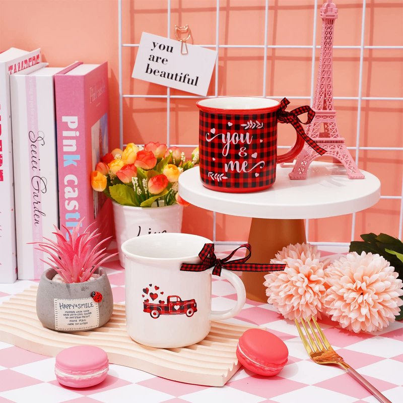 Whaline 6Pcs Valentine Mini Coffee Mug with Ribbon Red Black Plaid Heart Truck Cupid Tiered Tray Decor for Anniversary Wedding Gift