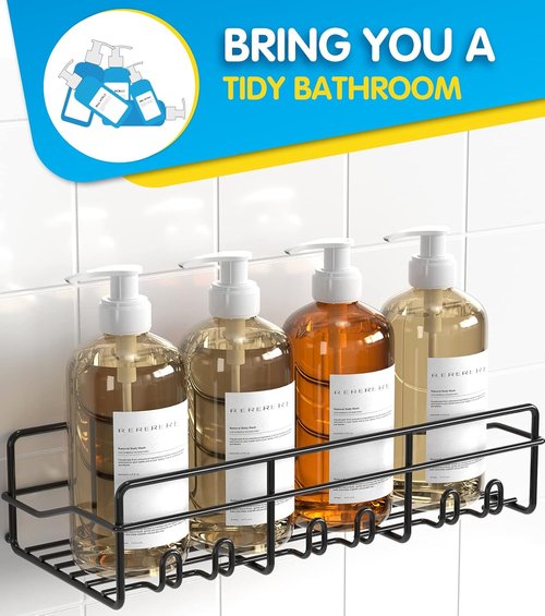 Coraje Adhesive Bathroom Caddy - Large Capacity Rustproof Metal Shelves | 2-Pack Black Shower Organizer